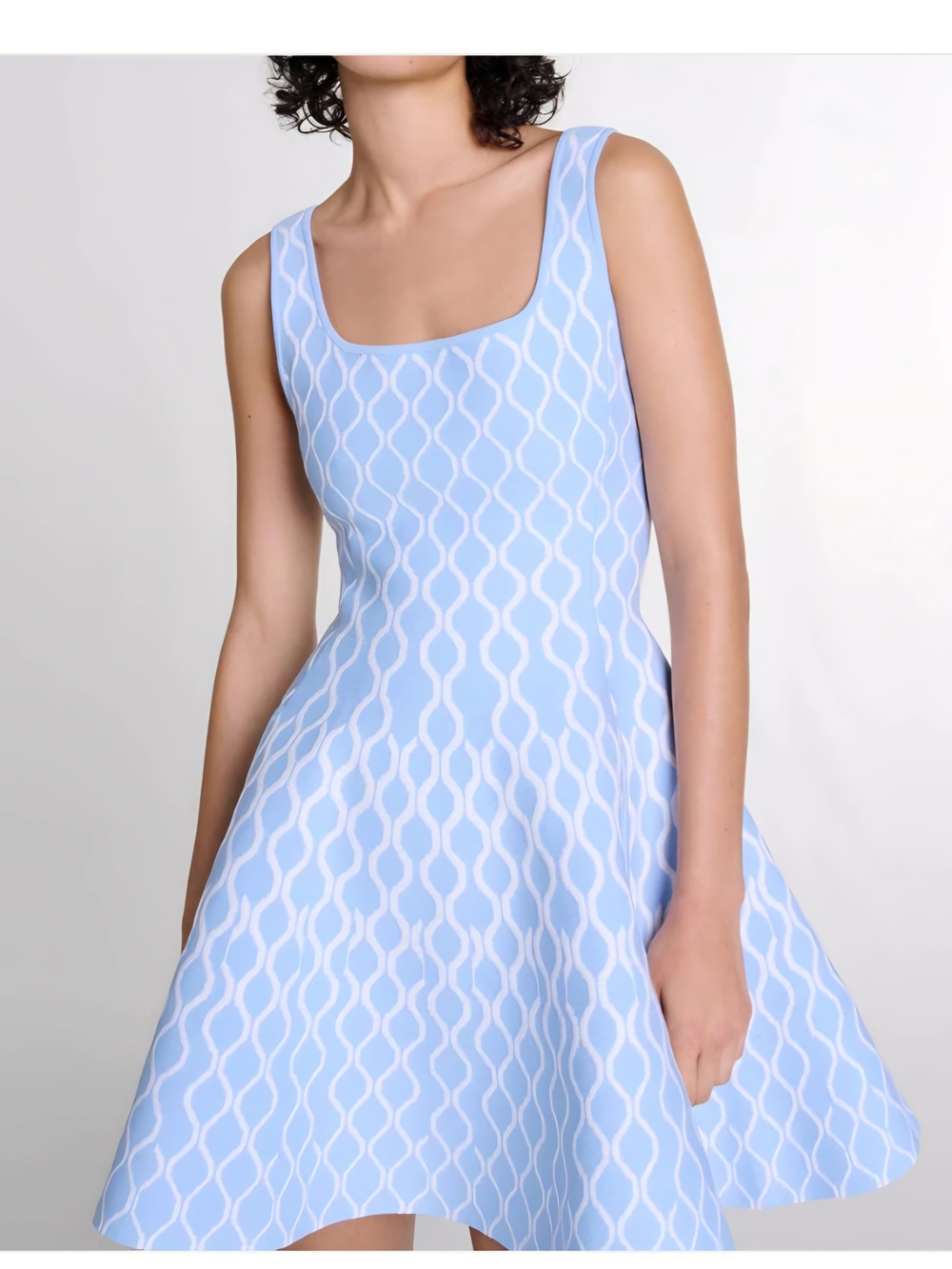 Finesse Light Blue & White Scoop Neck Fit-and-Flare Mini Dress
